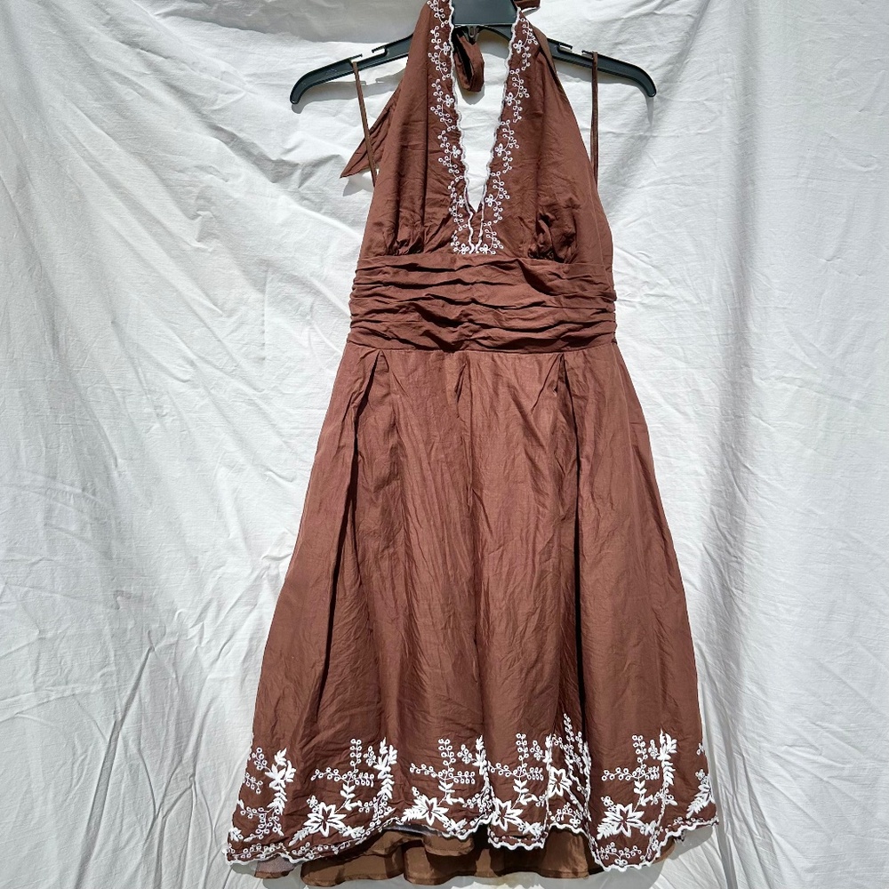 Vintage Brown 100% Cotton Midi Halter Dress w White Eyelet Lace Embroidered